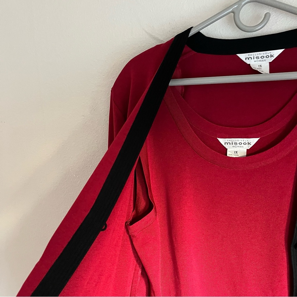 Exclusively Misook 2 Piece Set Tank Top Long Sleeve Cardigan Red Black Trim 1x - Picture 4 of 7